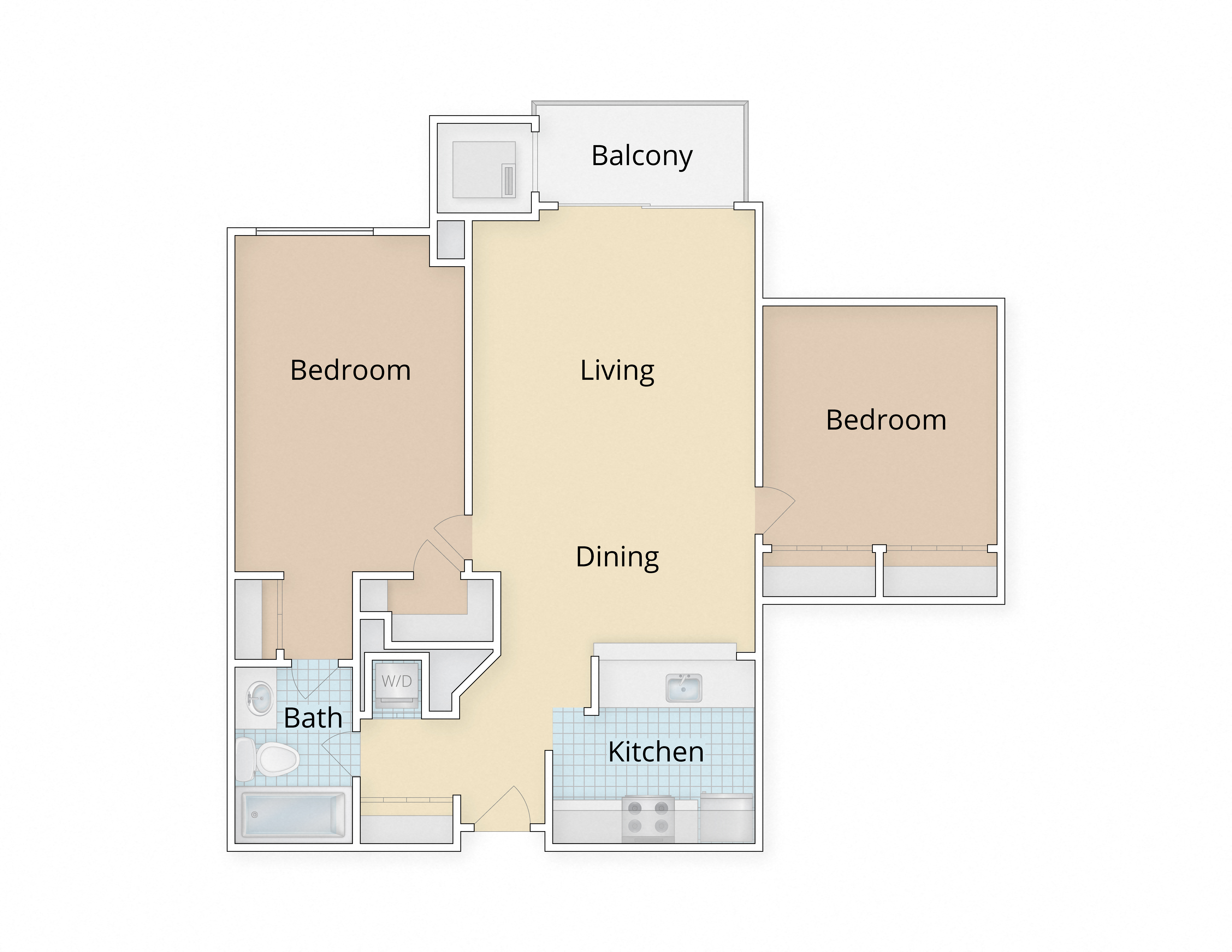Floor plan for 2 beds, 1 bath, 920 sqft